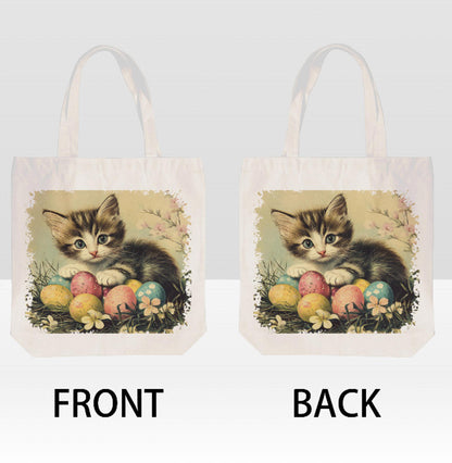 Vintage Easter Kitten Eggs Spring Flowers Canvas Shoulder Tote Bag 15" X 15" TerrificTrend