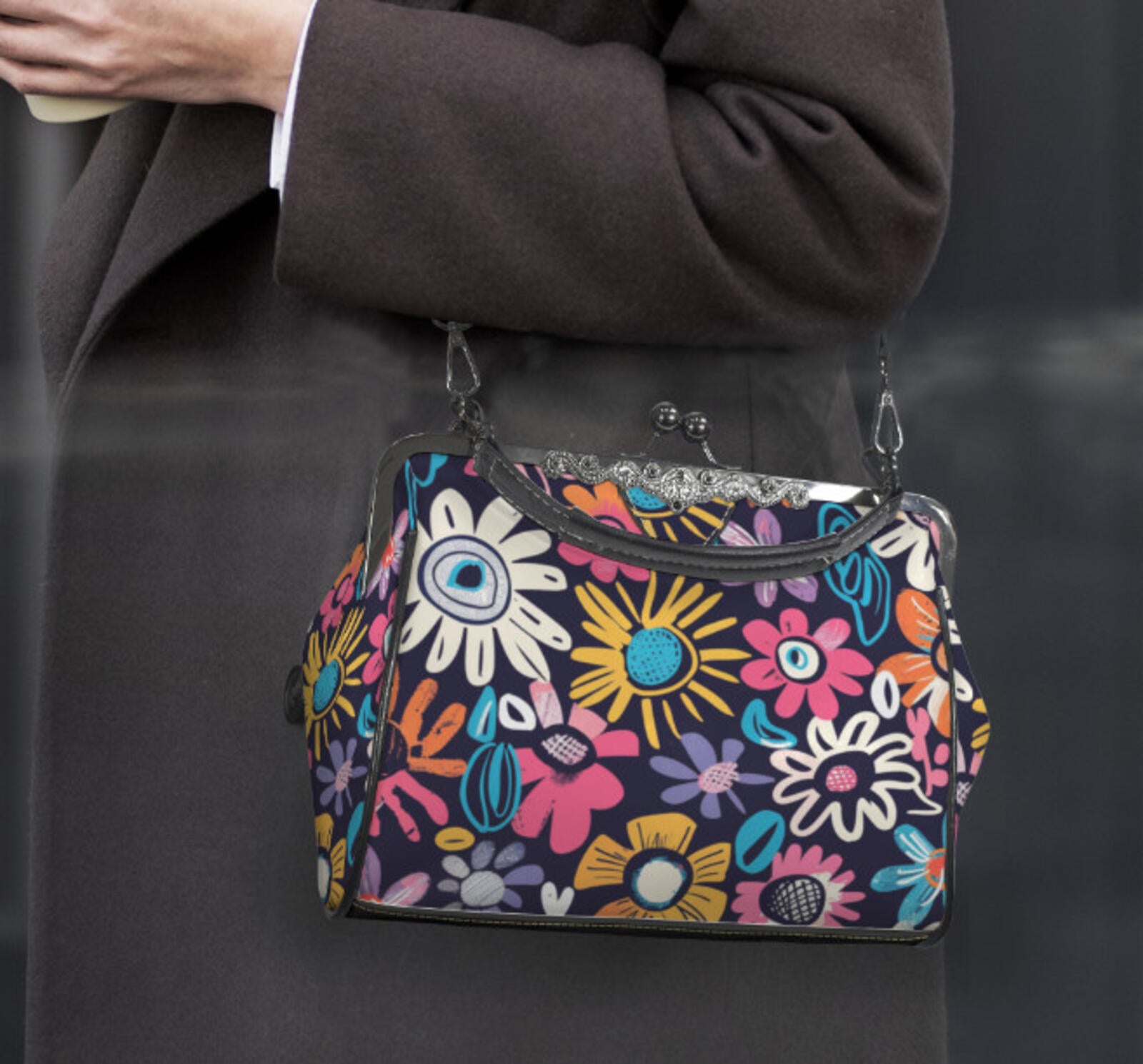 Whimsical Flower Art Spring Mother's Day Shoulder Cross Body Bag Satchel NEW Kisslock