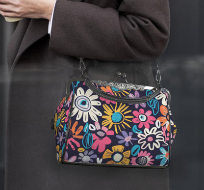 Whimsical Flower Art Spring Mother's Day Shoulder Cross Body Bag Satchel NEW Kisslock