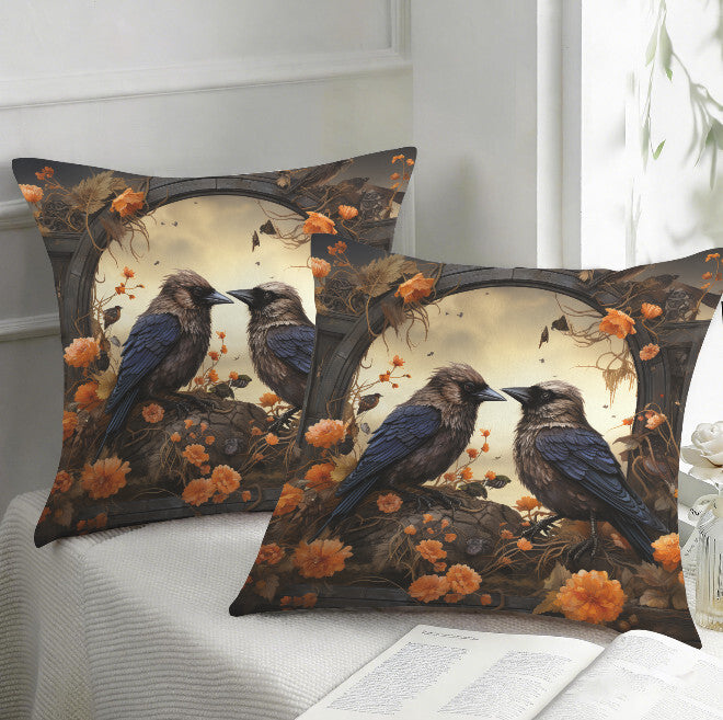 Fall Crow Couple Orange Flowers Throw Pillow Cover  Home Decor 18x18 Unbranded