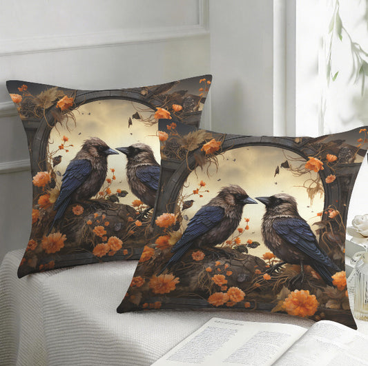 Fall Crow Couple Orange Flowers Throw Pillow Cover  Home Decor 18x18 Unbranded