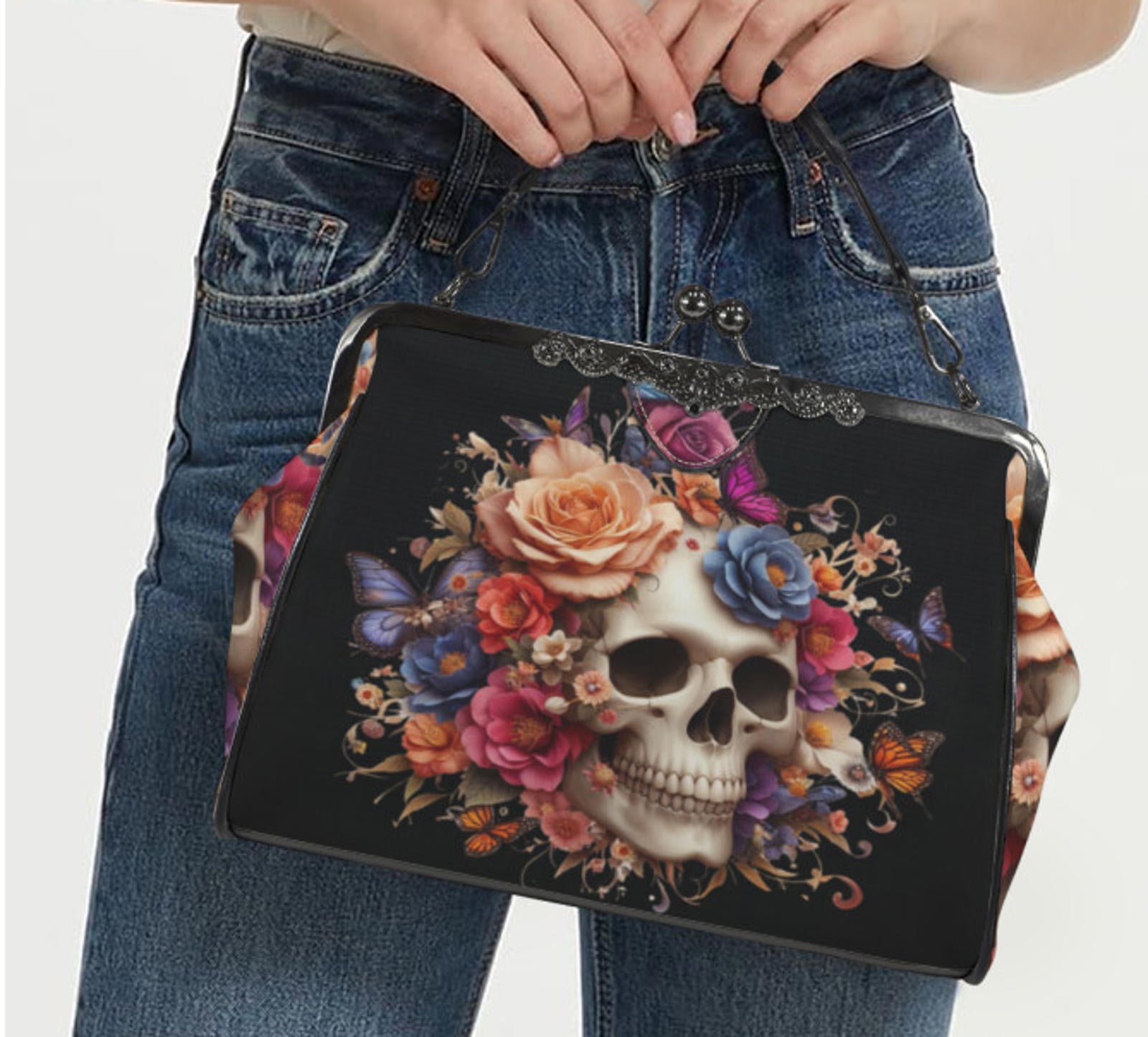 Sugar Skull Day of the Dead Halloween Floral Shoulder Cross Body Bag Satchel NEW Kisslock