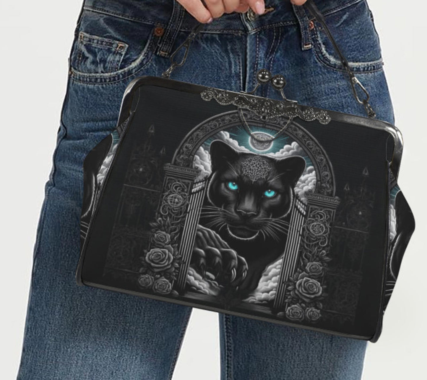 Dark Victorian Gothic Art Black Panther Gate   Shoulder Cross Body Bag Satchel Kisslock