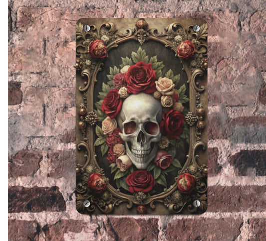 Vintage Victorian Gothic Skull Red Roses Metal Sign Halloween Wall Decor 8x12 Unbranded