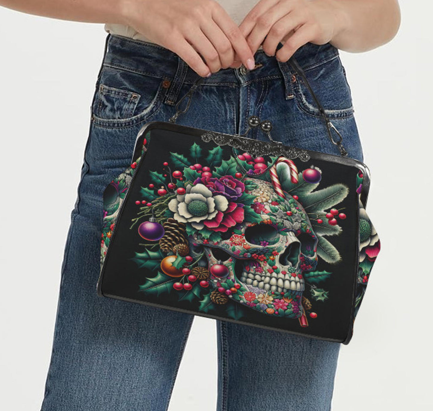 Victorian Gothic Christmas Sugar Skull  Shoulder Cross Body Hand Bag Satchel Kisslock
