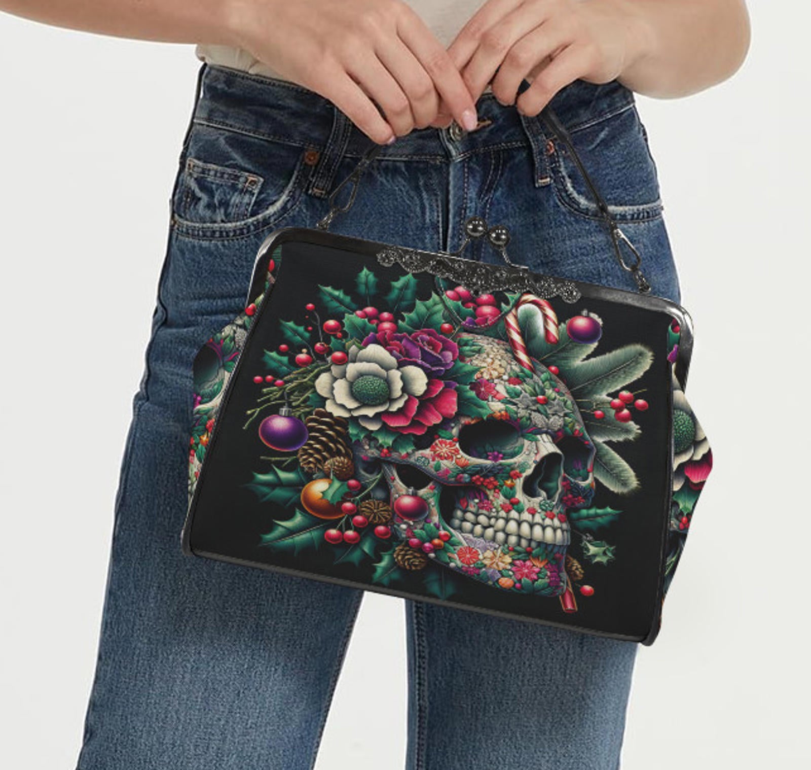 Victorian Gothic Christmas Sugar Skull  Shoulder Cross Body Hand Bag Satchel Kisslock