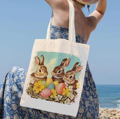 Vintage Easter Bunny Family Spring Flowers Canvas Shoulder Tote Bag 15" X 15" TerrificTrend