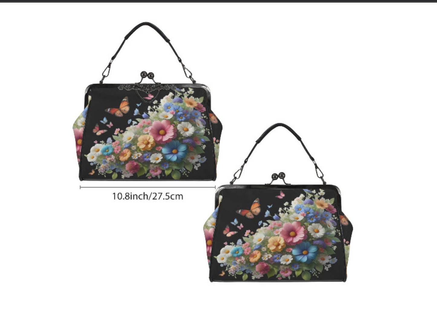 Black Multi Floral Butterfly Spring Mother's Day Shoulder Cross Body Bag Satchel Kisslock