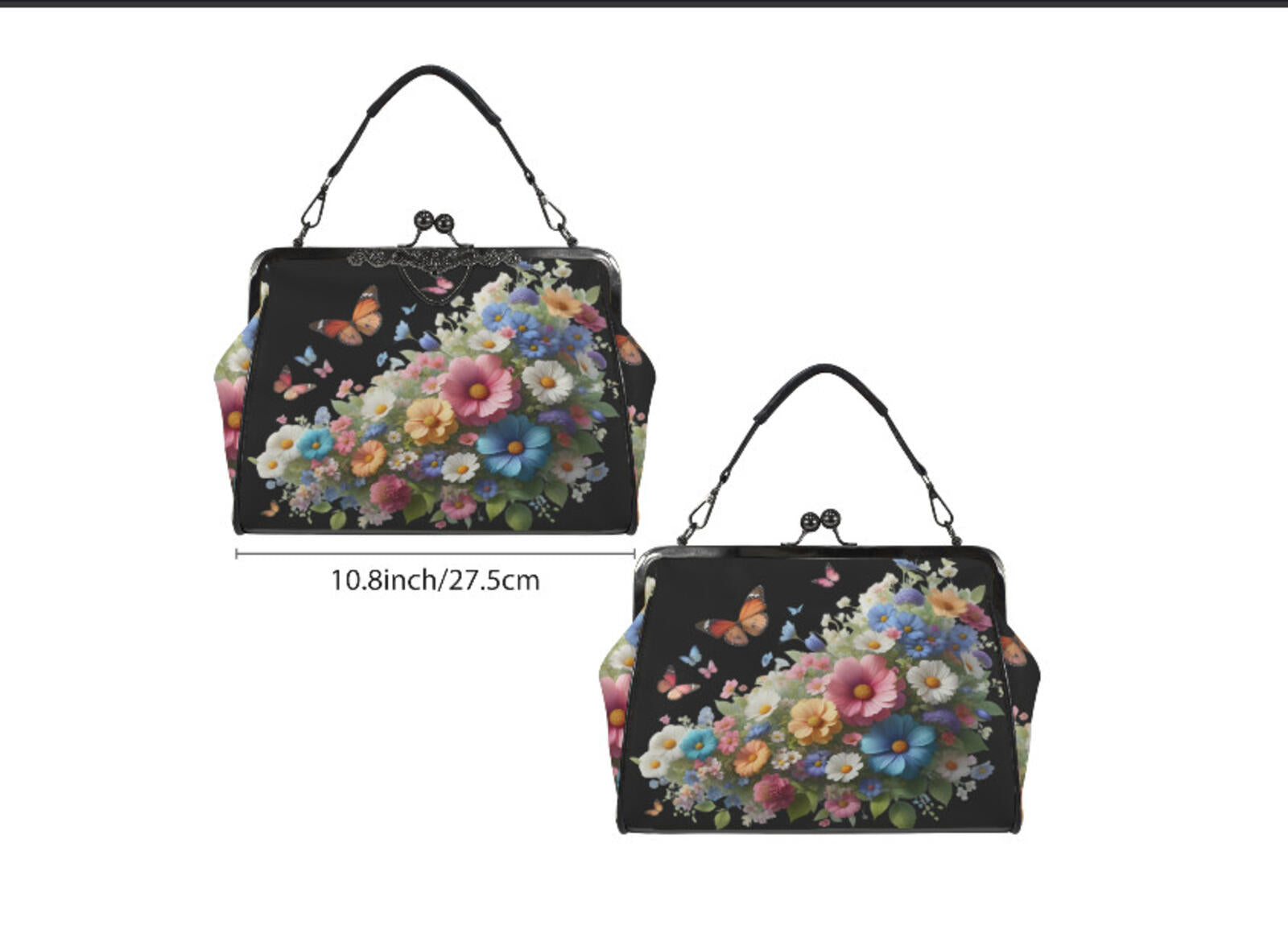Black Multi Floral Butterfly Spring Mother's Day Shoulder Cross Body Bag Satchel Kisslock