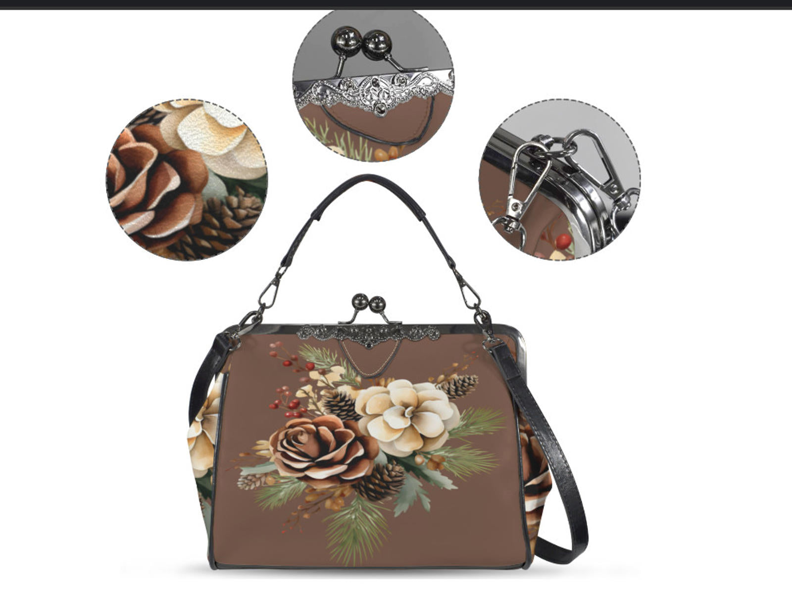 Winter Bown Beige Holiday Flowers Shoulder Cross Body Bag Satchel Christmas Gift Kisslock