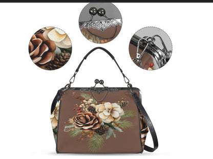 Winter Bown Beige Holiday Flowers Shoulder Cross Body Bag Satchel Christmas Gift Kisslock