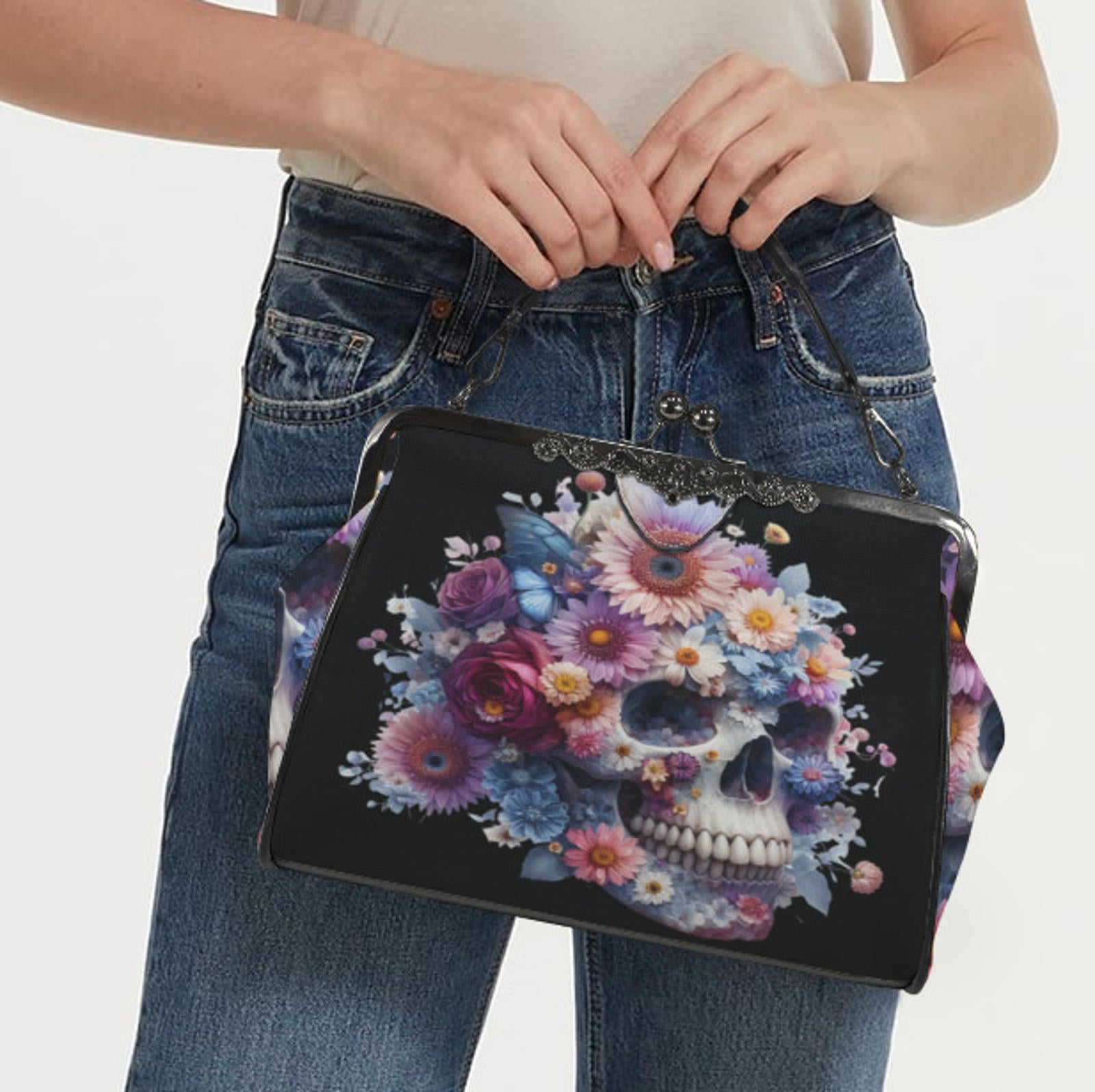 Sugar Skull Day of the Dead Halloween Floral Shoulder Cross Body Bag Satchel NEW Kisslock