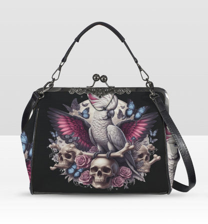 Dark Victorian Gothic Parrot Cockatoo Skull Shoulder Cross Body Bag Satchel Kisslock
