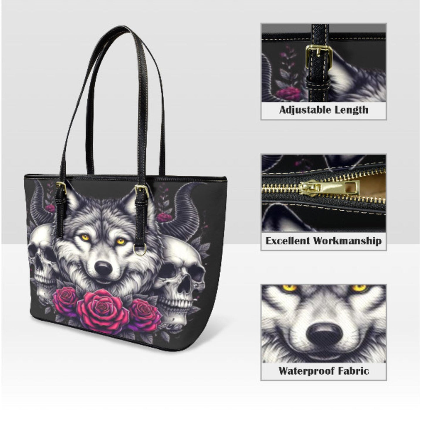 Custom Tote Hand Shoulder Bag 12 X 15 Gothic Victorian Wolf Skull Red Roses NEW Terrifictrend