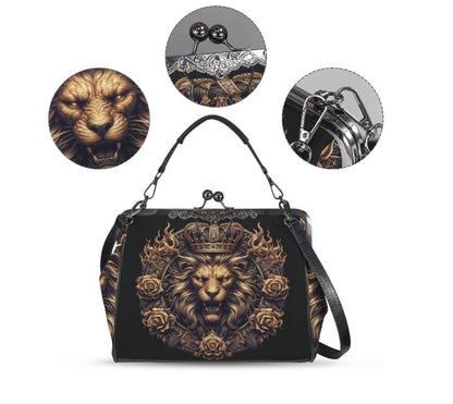Dark Victorian Gothic Art Animals Gold Lion King Shoulder Cross Body Bag Satchel Kisslock