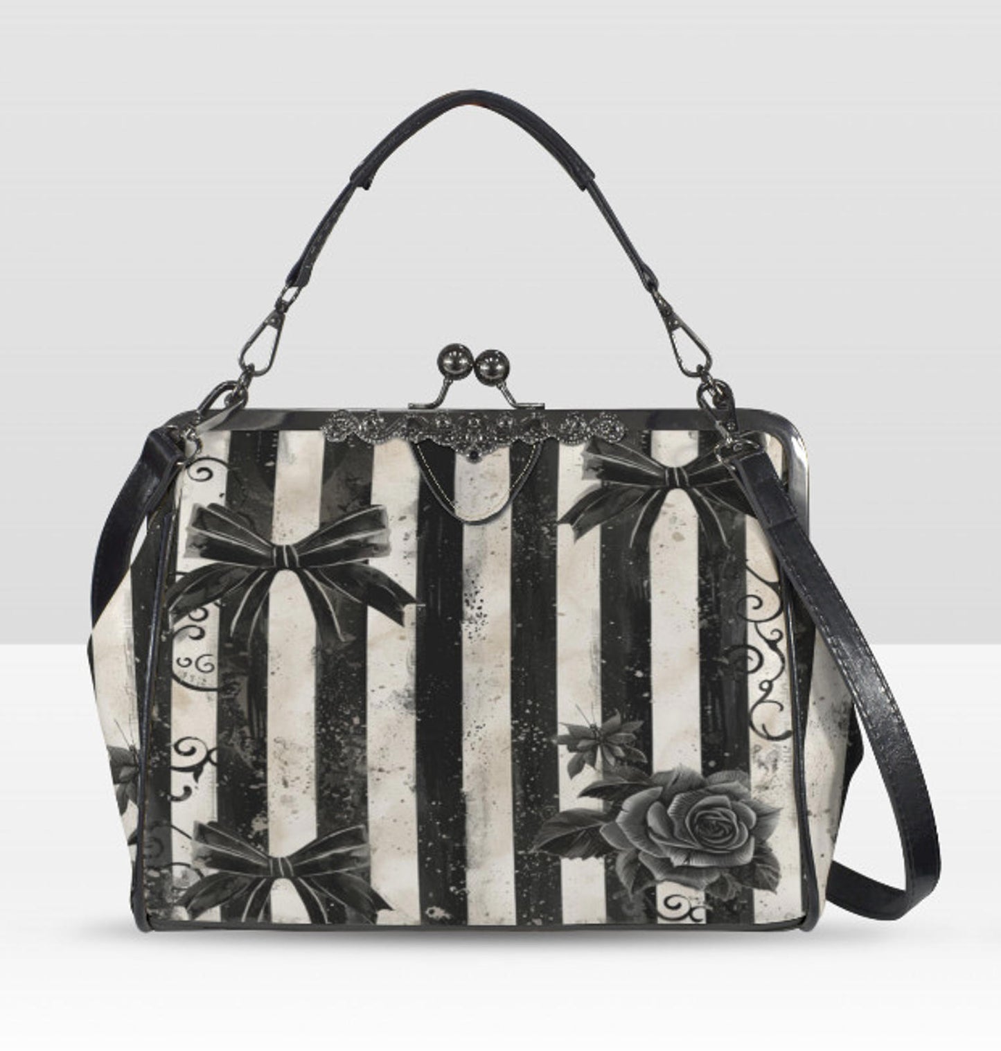 Gothic Horror Black White Dirty Stripe Shoulder Cross Body Bag Satchel Holiday Kisslock