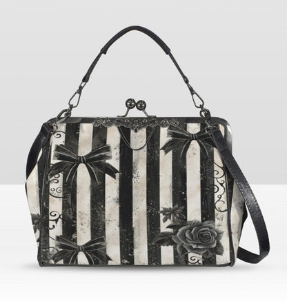 Gothic Horror Black White Dirty Stripe Shoulder Cross Body Bag Satchel Holiday Kisslock