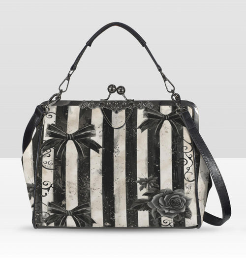 Gothic Horror Black White Dirty Stripe Shoulder Cross Body Bag Satchel Holiday Kisslock