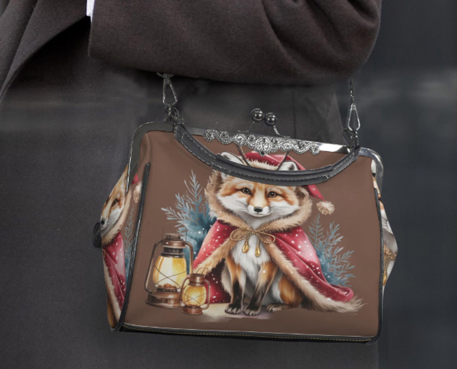 Victorian Gothic Christmas Fox Holiday  Shoulder Cross Body Hand Bag Satchel Kisslock