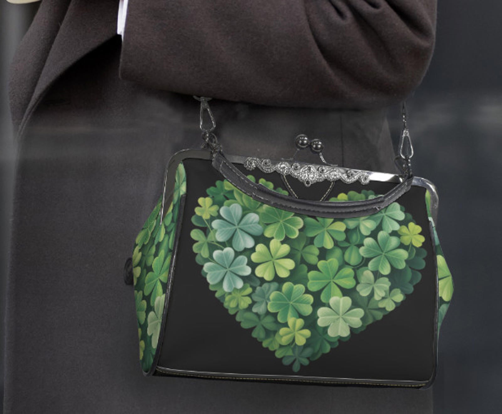 St Patricks Day Green Clover Heart Shamrock  Shoulder Cross Body Bag Satchel Kisslock