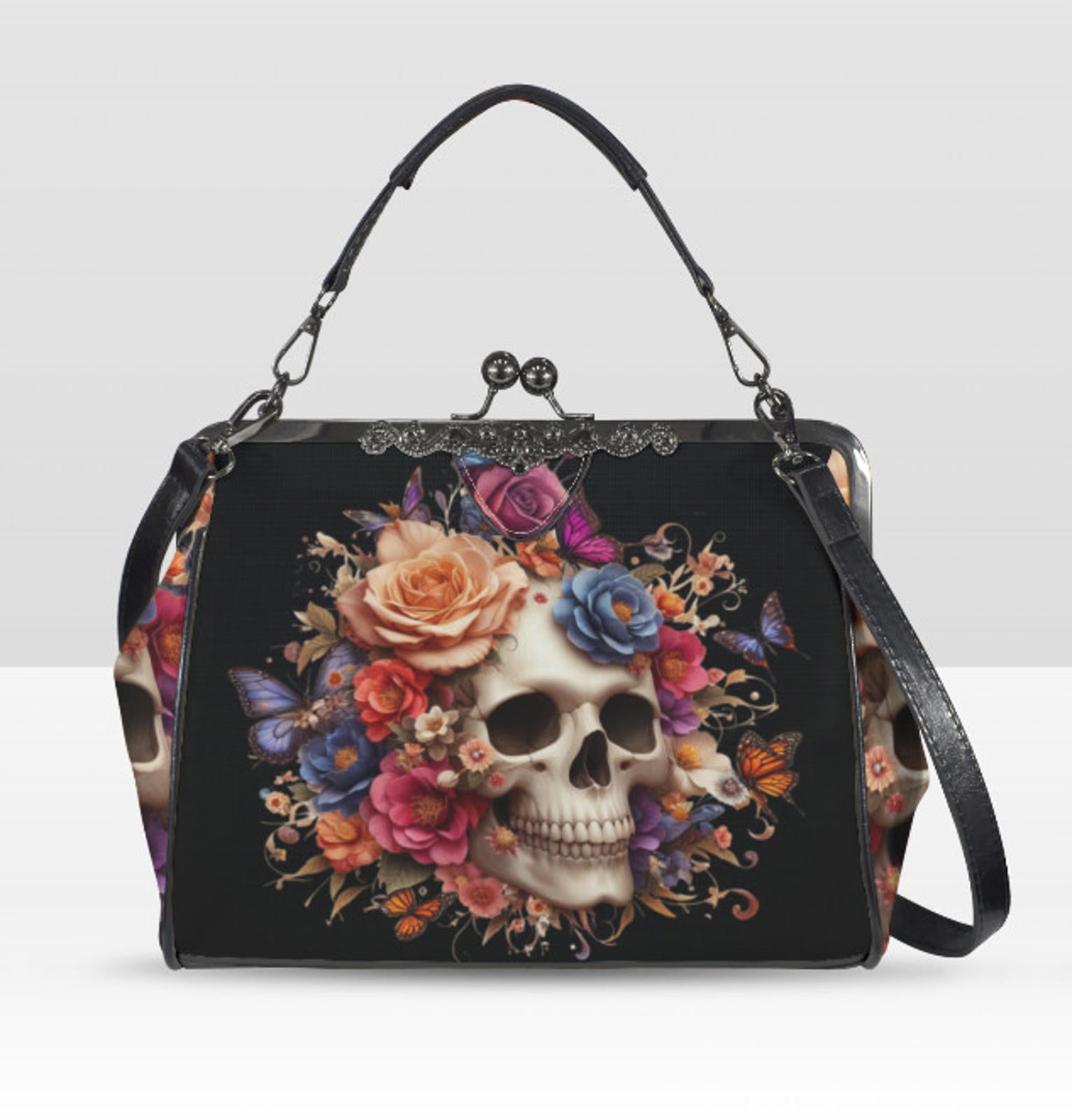 Sugar Skull Day of the Dead Halloween Floral Shoulder Cross Body Bag Satchel NEW Kisslock