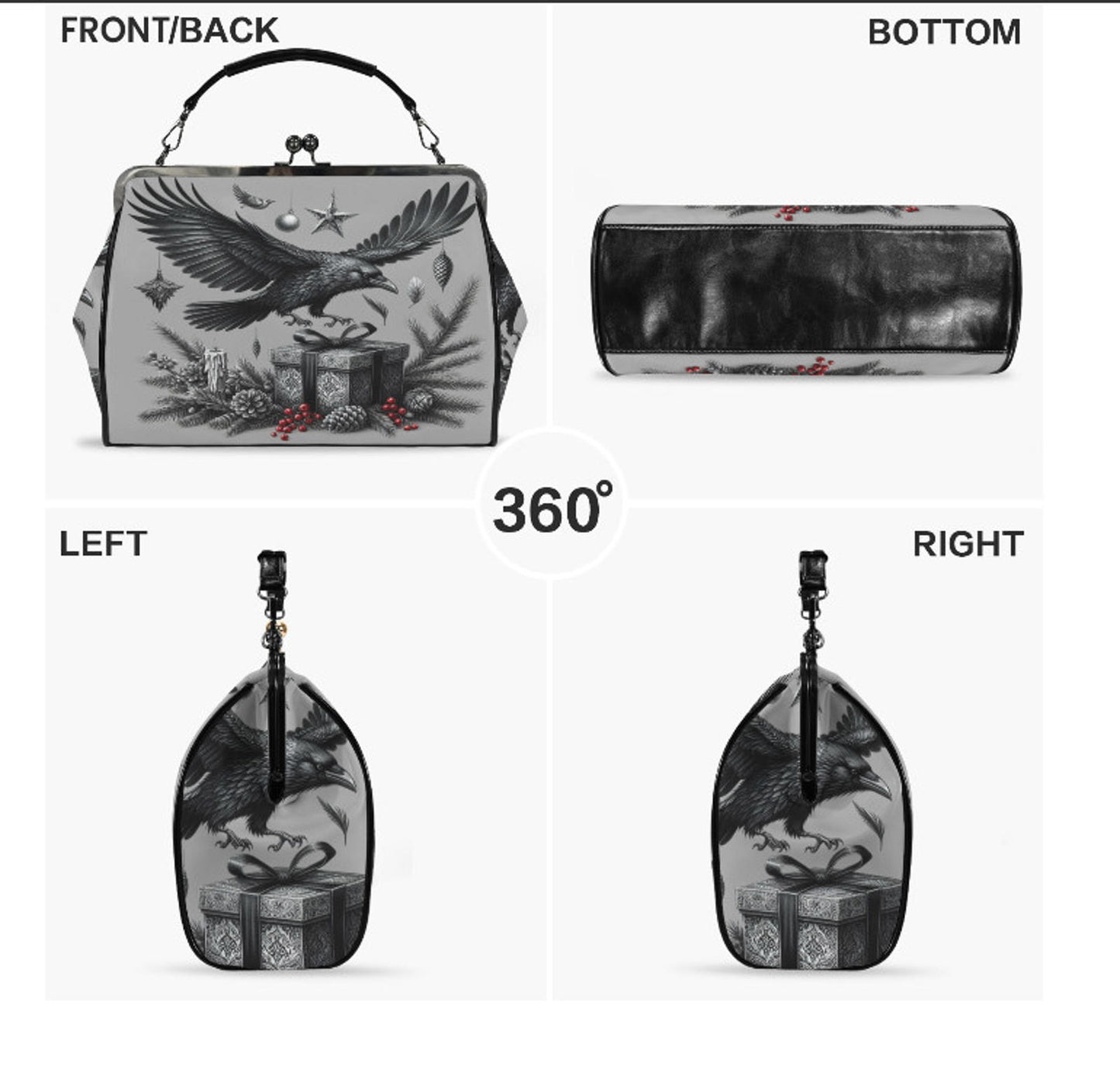Gray Gothic Christmas Crow  Hand Shoulder Cross Body Bag Satchel 9 x 13 Gift Kisslock