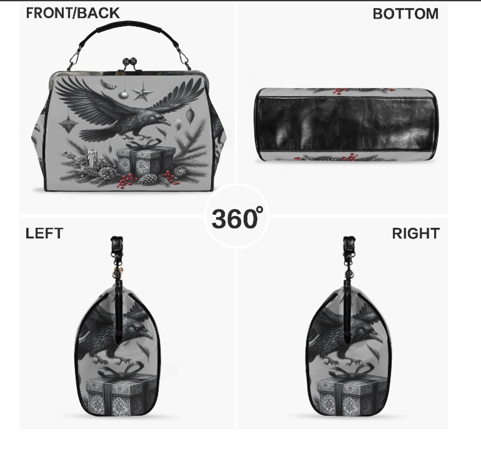 Gray Gothic Christmas Crow  Hand Shoulder Cross Body Bag Satchel 9 x 13 Gift Kisslock