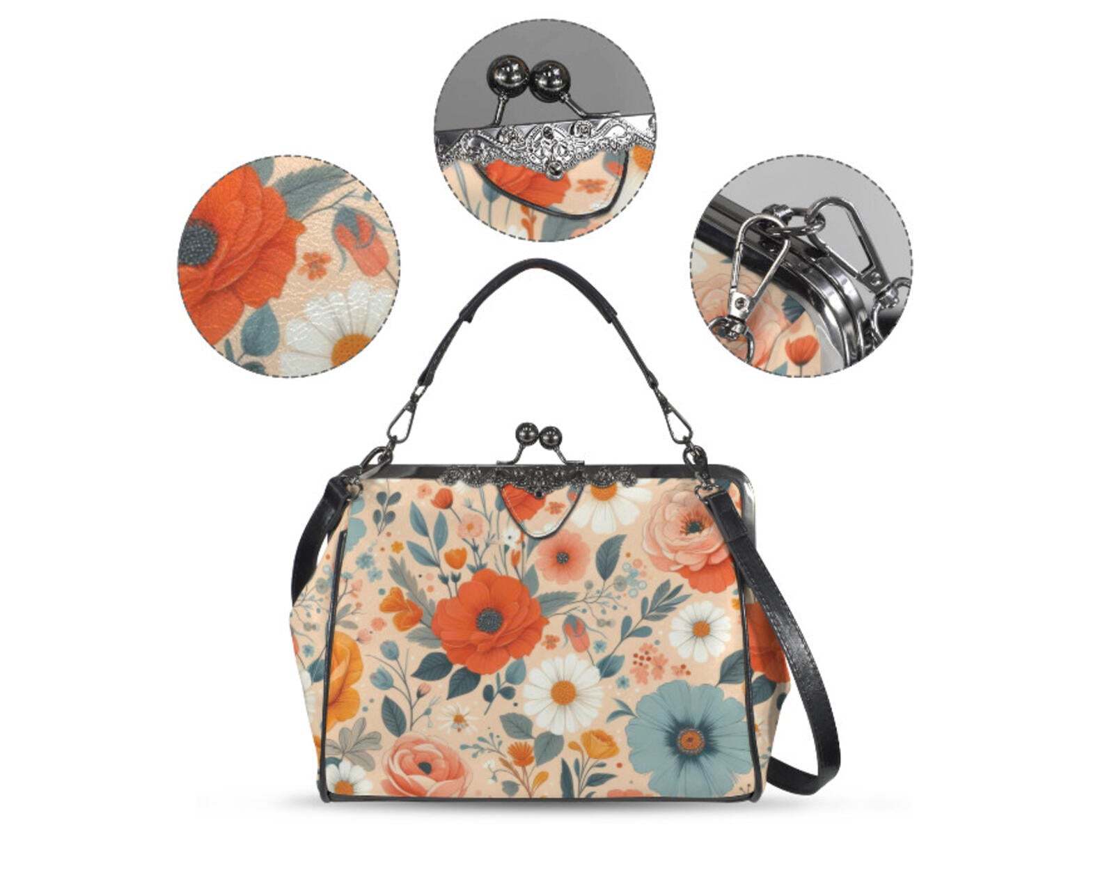Peach Floral Flower Art Spring Mother's Day Shoulder Cross Body Bag Satchel NEW Kisslock