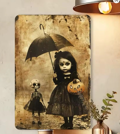 Victorian Creepy Child Skeleton Metal Sign Halloween Wall Decor 8x12 NEW Unbranded