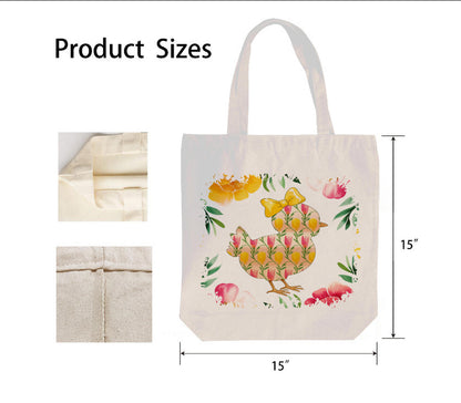 Easter Yellow Chick Pink  Spring Flowers Canvas Shoulder Tote Bag 15" X 15" TerrificTrend