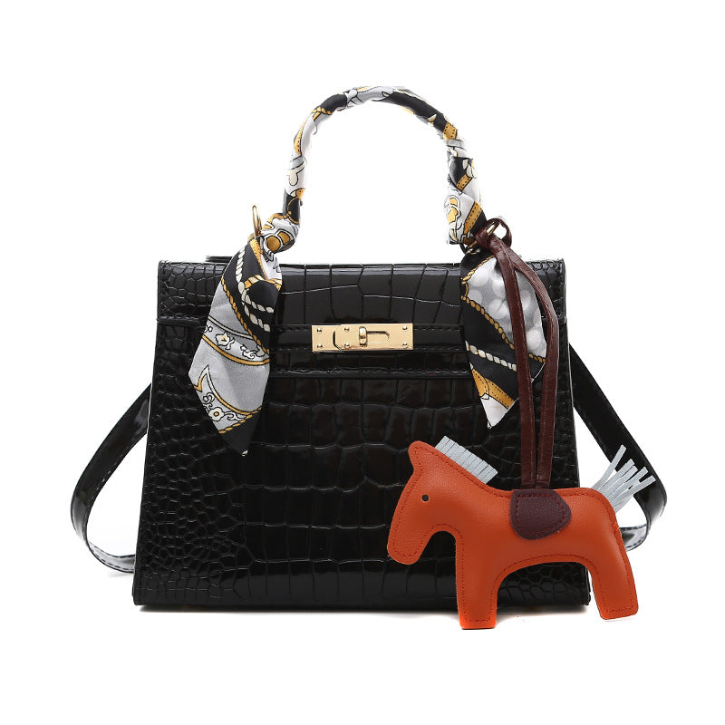 Stone pattern PU leather shoulder bag with a scarf and a cute horse charm.