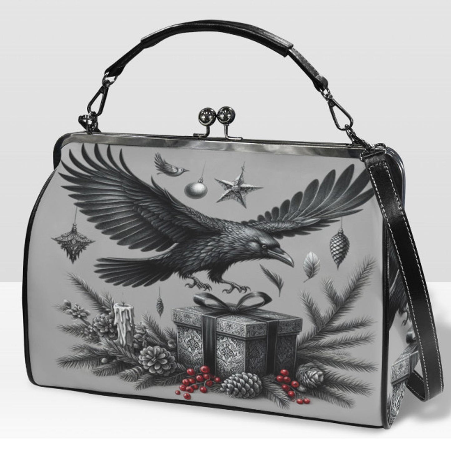 Gray Gothic Christmas Crow  Hand Shoulder Cross Body Bag Satchel 9 x 13 Gift Kisslock