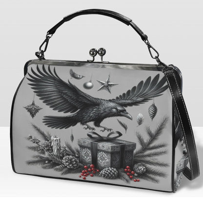 Gray Gothic Christmas Crow  Hand Shoulder Cross Body Bag Satchel 9 x 13 Gift Kisslock