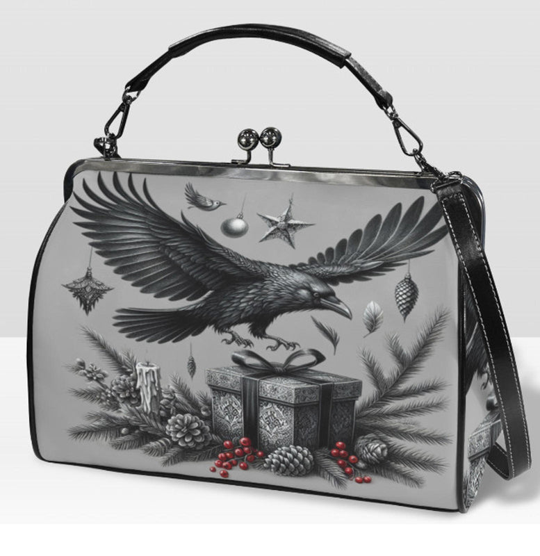 Gray Gothic Christmas Crow  Hand Shoulder Cross Body Bag Satchel 9 x 13 Gift terrifictrend