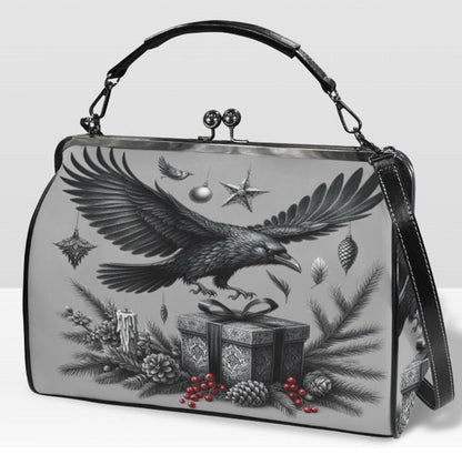 Gray Gothic Christmas Crow  Hand Shoulder Cross Body Bag Satchel 9 x 13 Gift terrifictrend
