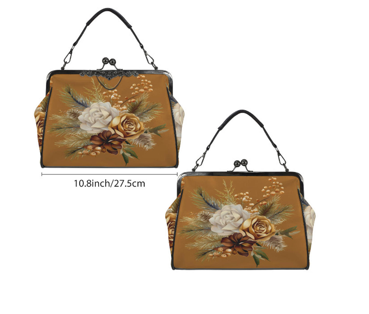 Winter Brown Gold Holiday Flowers Shoulder Cross Body Bag Satchel Christmas Gift Kisslock