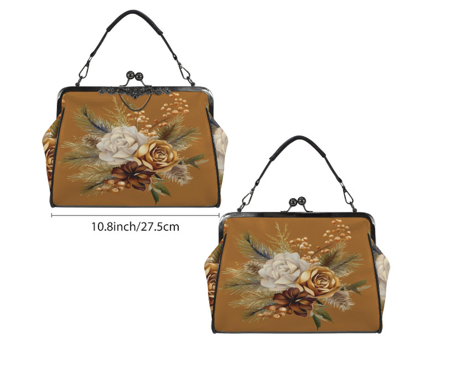 Winter Brown Gold Holiday Flowers Shoulder Cross Body Bag Satchel Christmas Gift Kisslock