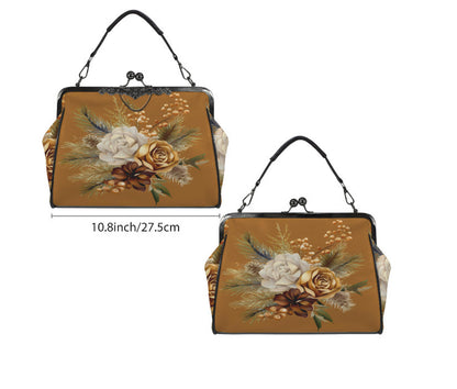 Winter Brown Gold Holiday Flowers Shoulder Cross Body Bag Satchel Christmas Gift Kisslock