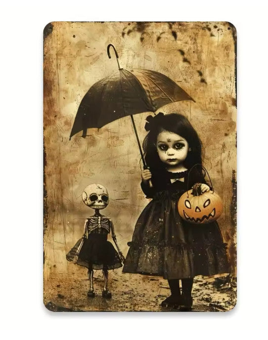 Victorian Creepy Child Skeleton Metal Sign Halloween Wall Decor 8x12 NEW Unbranded