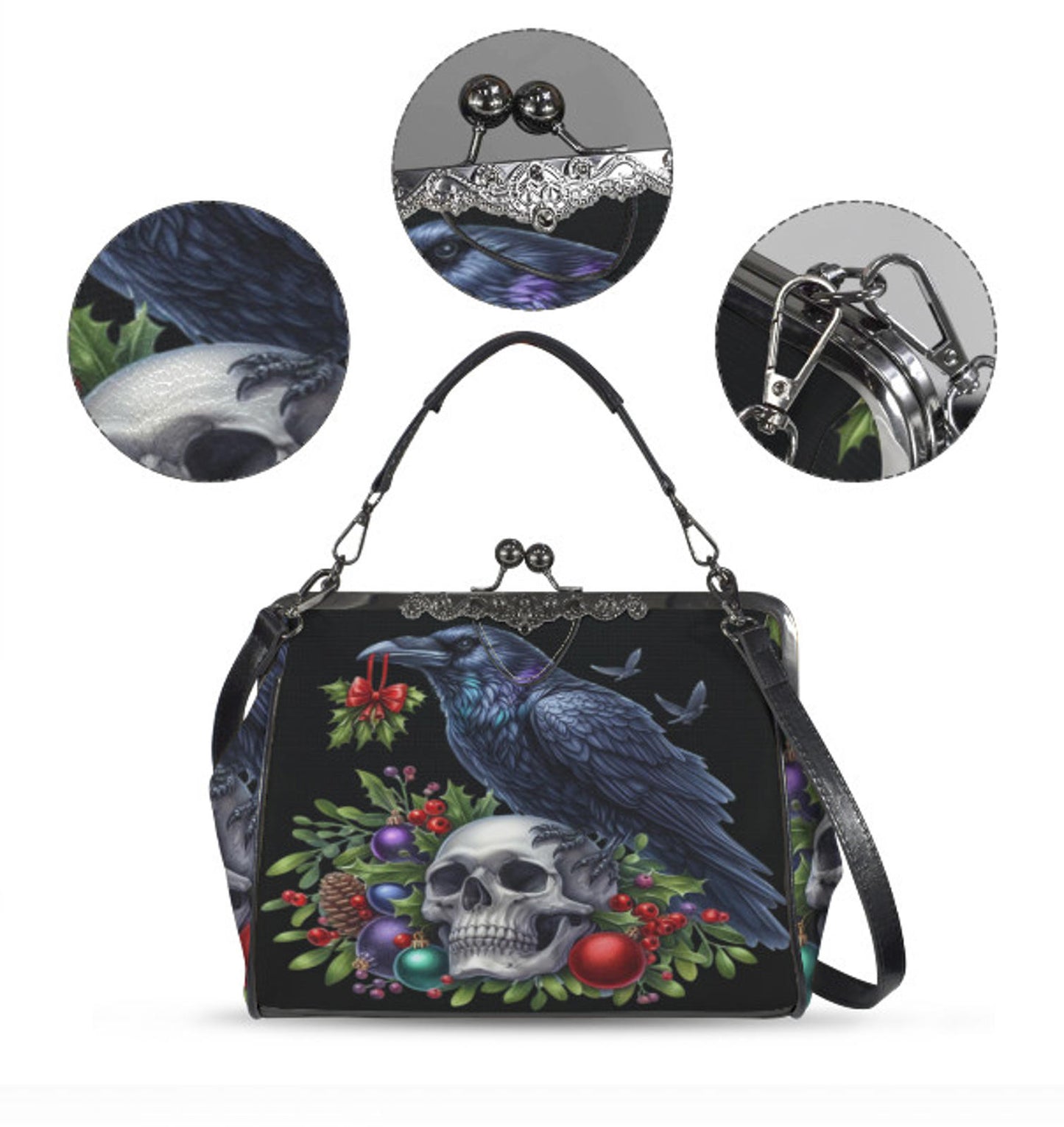 Gothic Victorian Christmas Skull Crow Holiday Shoulder Cross Body Bag Satchel Kisslock