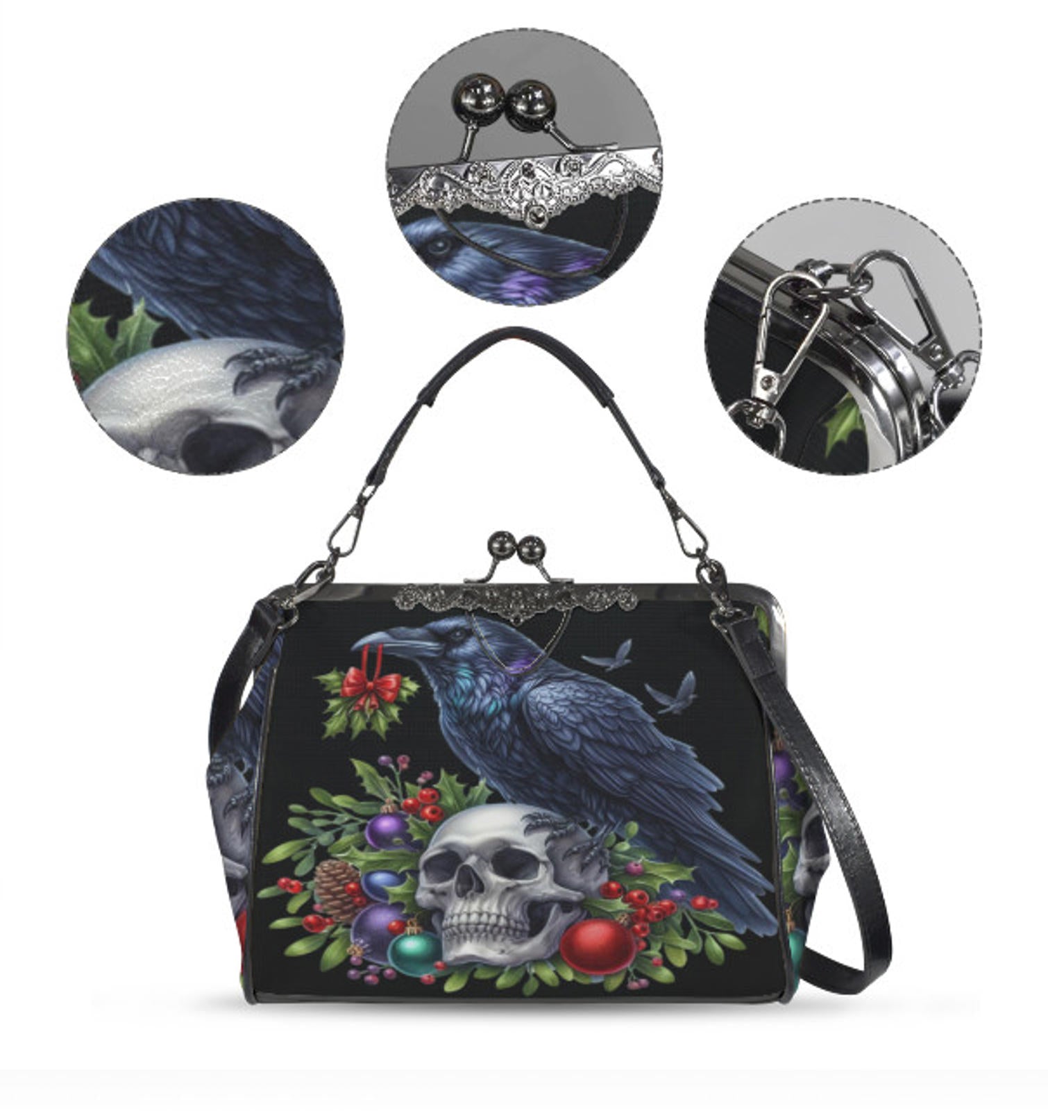 Gothic Victorian Christmas Skull Crow Holiday Shoulder Cross Body Bag Satchel Kisslock