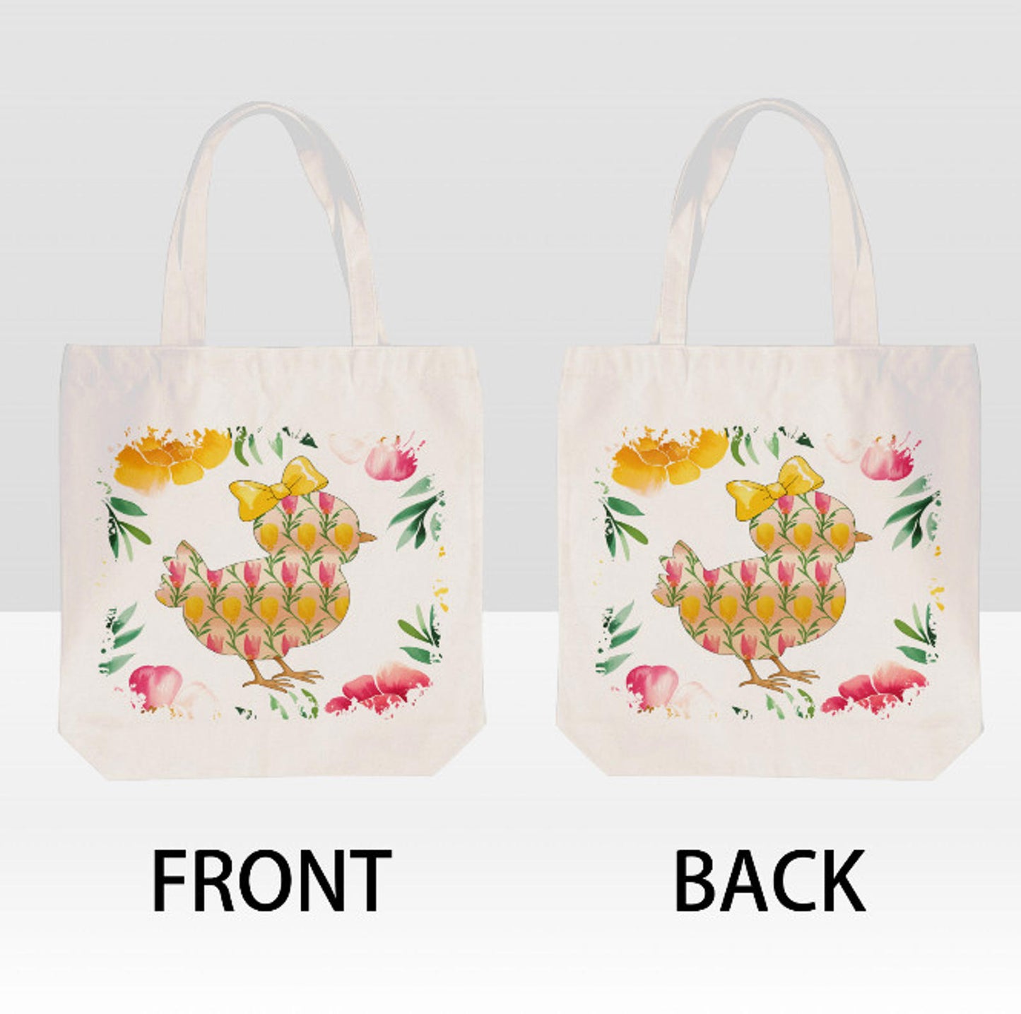 Easter Yellow Chick Pink  Spring Flowers Canvas Shoulder Tote Bag 15" X 15" TerrificTrend