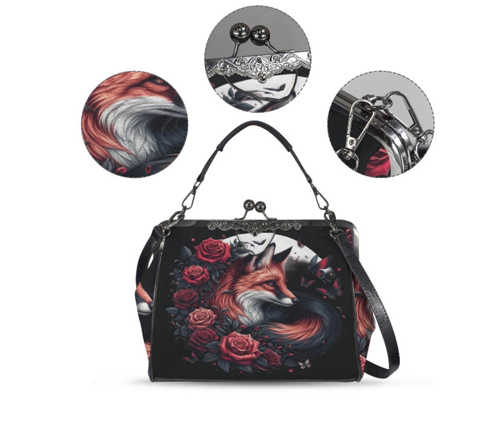 Dark Victorian Gothic Fox Moon Roses Butterfly  Shoulder Cross Body Bag Satchel Kisslock