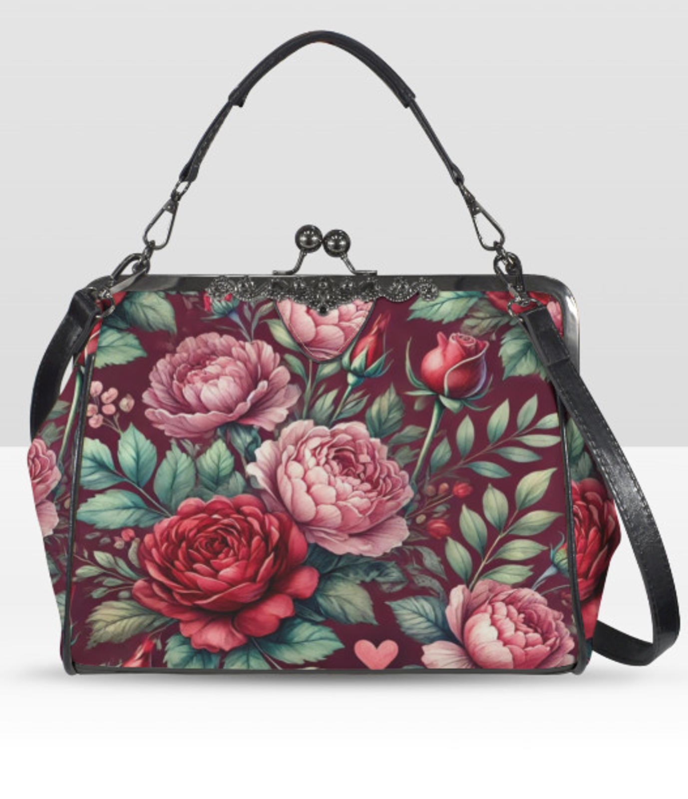 Victorian Valentine Red Pink Flowers Heart Shoulder Cross Body Hand Bag Satchel Kisslock