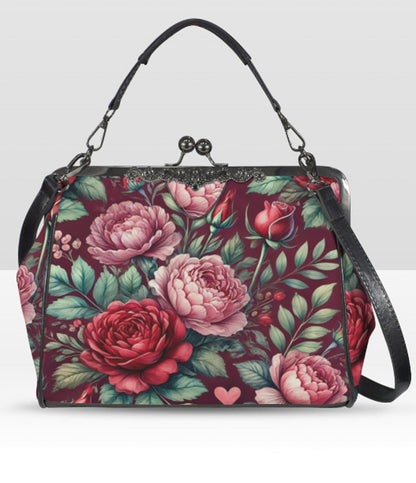 Victorian Valentine Red Pink Flowers Heart Shoulder Cross Body Hand Bag Satchel Kisslock