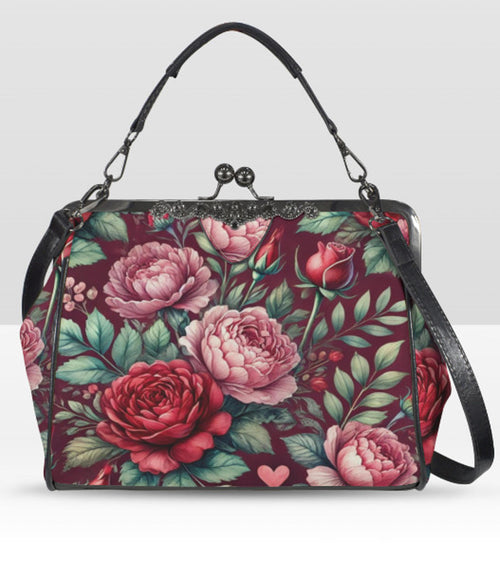 Victorian Valentine Red Pink Flowers Heart Shoulder Cross Body Hand Bag Satchel Kisslock