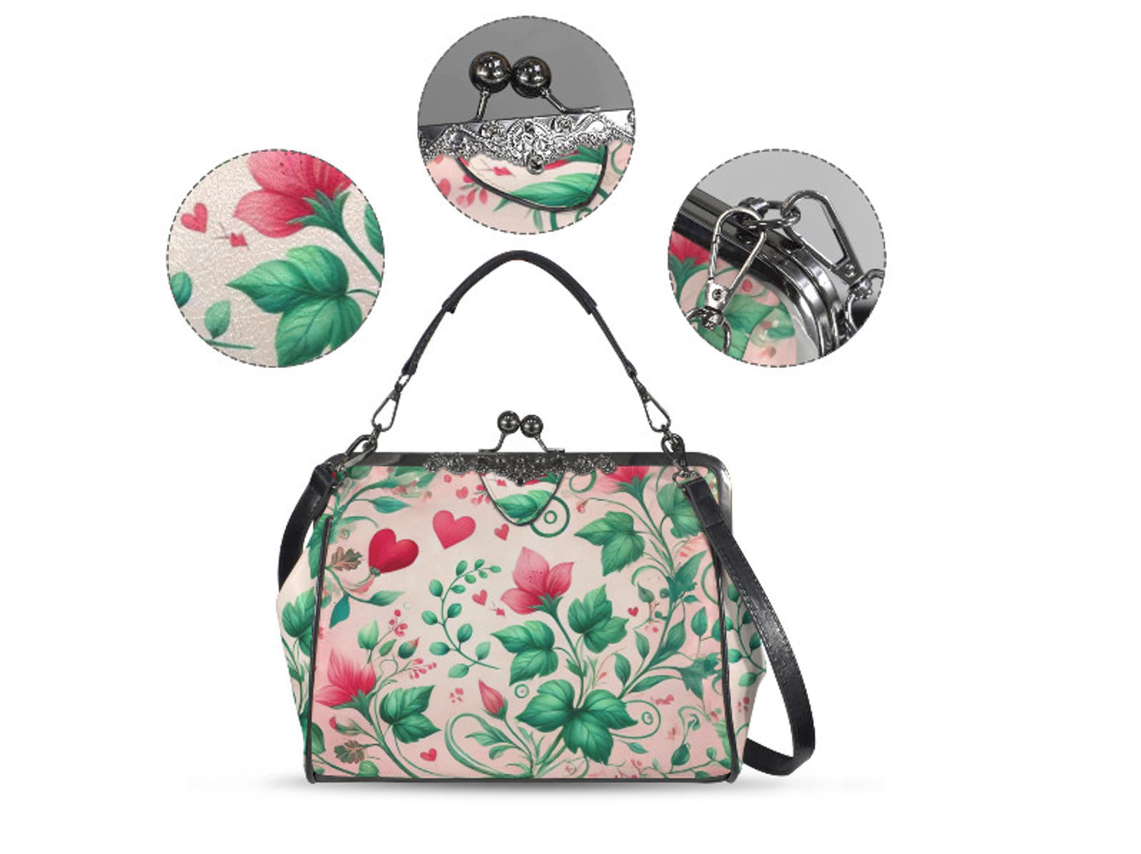Victorian Valentine Red Pink Roses Heart Shoulder Cross Body Hand Bag Satchel Kisslock