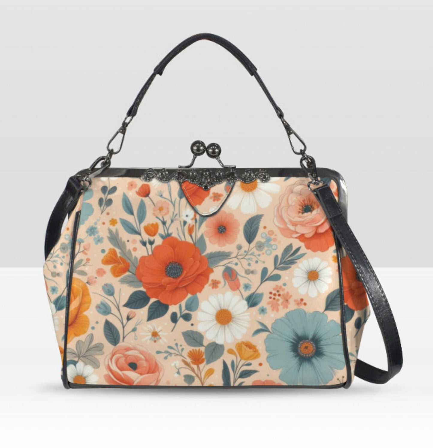 Peach Floral Flower Art Spring Mother's Day Shoulder Cross Body Bag Satchel NEW Kisslock