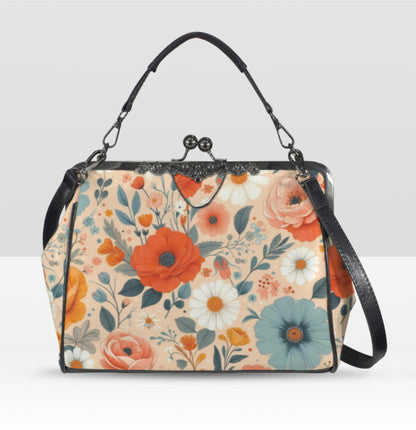Peach Floral Flower Art Spring Mother's Day Shoulder Cross Body Bag Satchel NEW Kisslock