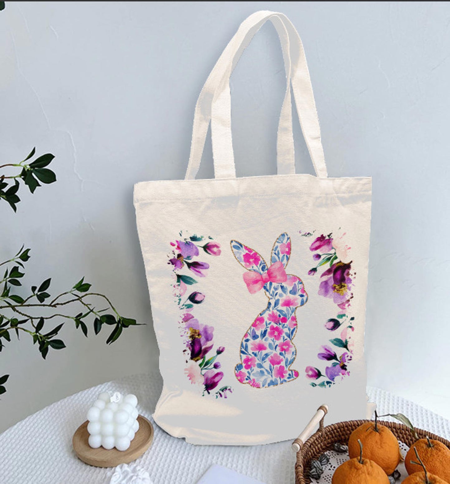 Easter Bunny Rabbit Purple  Spring Flowers Canvas Shoulder Tote Bag 15" X 15" TerrificTrend